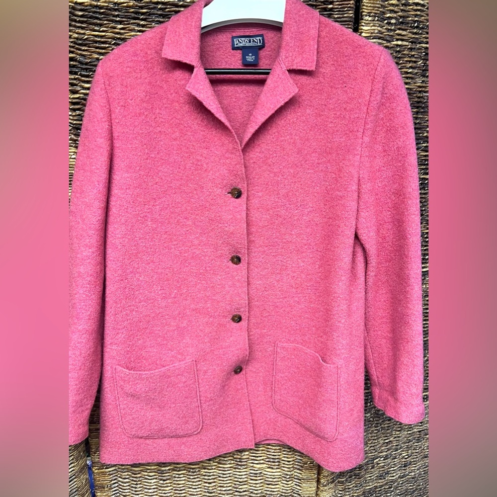 Lands End- Womens Pink‎ Button-Up Cardigan, Size:10, Wool